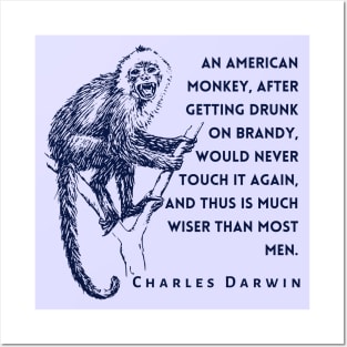 Charles Darwin quote: An American monkey, after getting drunk on brandy, would never touch it again, and thus is much wiser than most men. Posters and Art